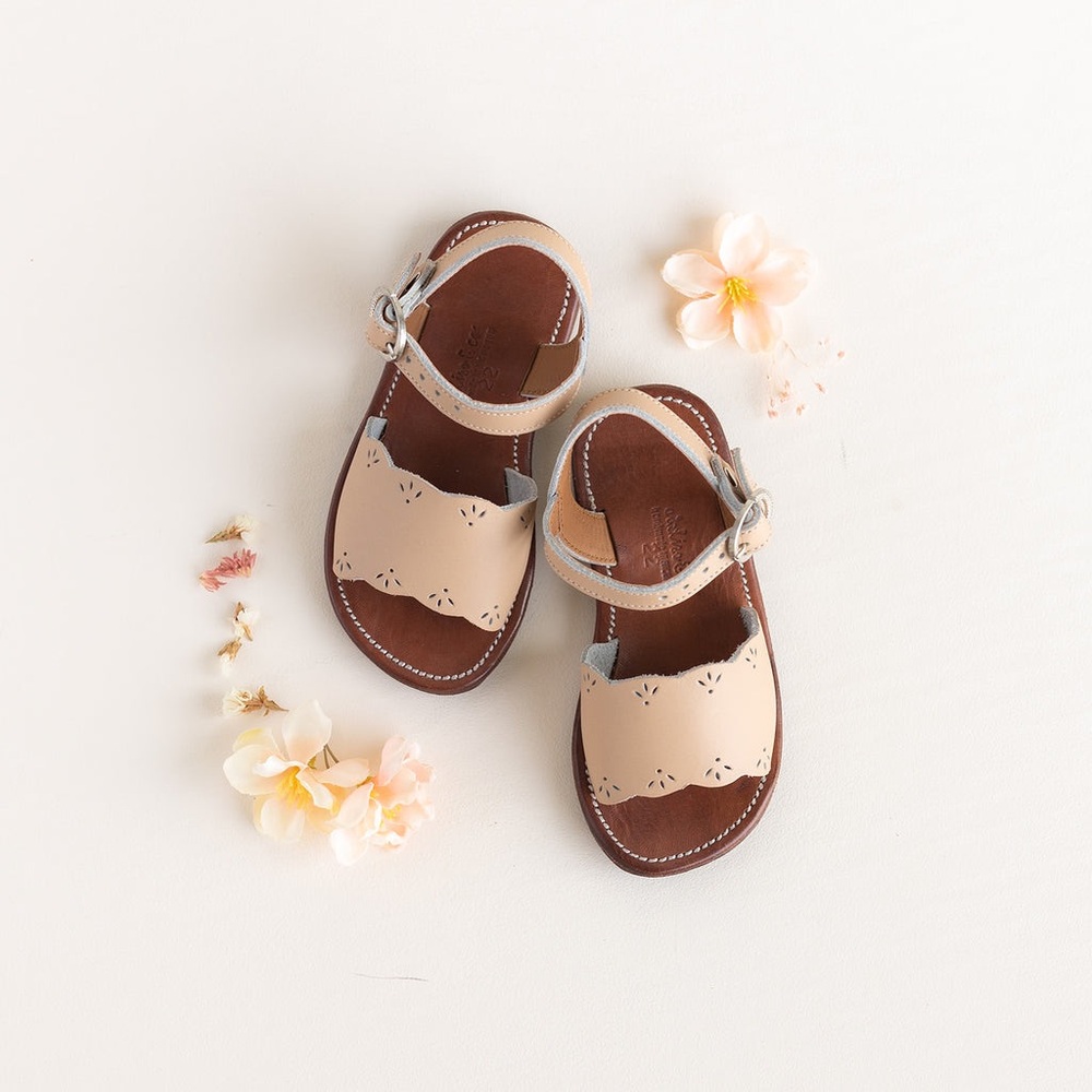 Kids Neutral Pink Beige Scalloped Leather Sandals with Ankle Strap